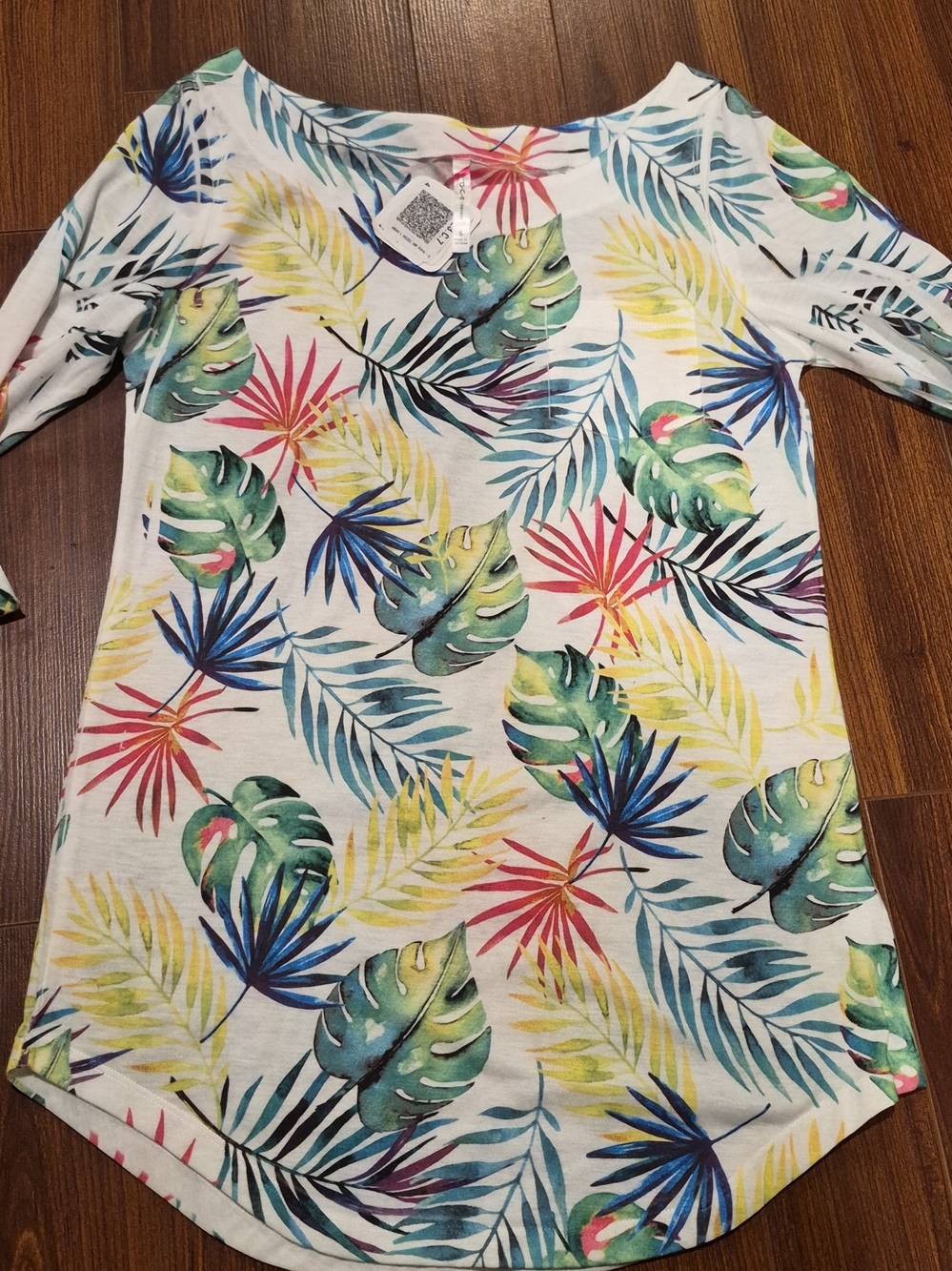 DNA couture White Tropical Leaf Long Sleeve Tee with Green, Blue, Yellow & Pink
